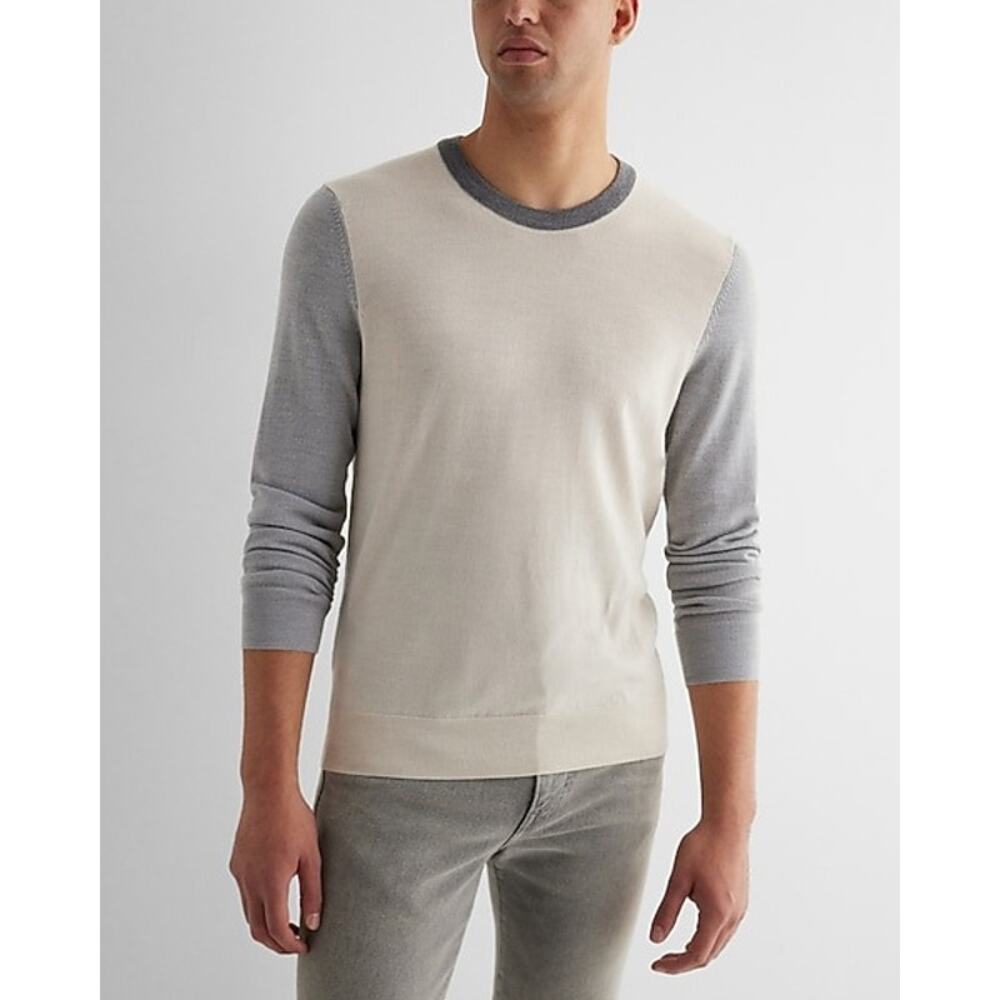 Express Color Block Merino Wool Sweater Gray Beige Crewneck Pullover Size M